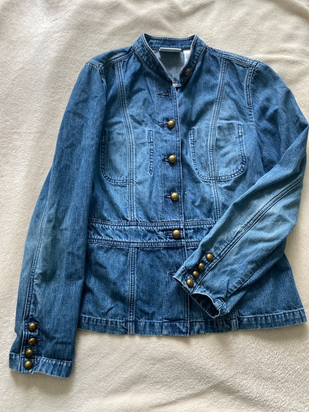 Liz Claiborne Medium Blue Denim Military-Inspired Jacket with Brass Buttons